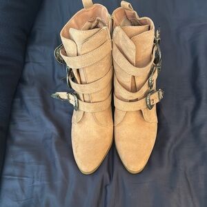 JustFab Tan Ankle Booties with Buckle Details